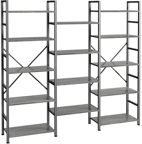 SUPERJARE Triple Bookshelf, Bookcase with 11 Open Display Shelves, Wide Book Shelf Book Case for Home & Office