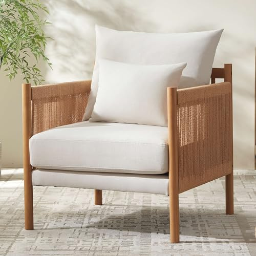 VKNOW Braid Armchair, Boho Accent Chair with Solid Wooden Backrest and Armrest Rattan Chair with Waist Pillow for Bedroom,Living Room,Reading Room, Beige
