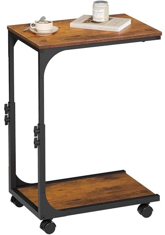 WLIVE Beistelltisch C Form, Sofatisch mit Rollen und Stauraum, Metallgestell, Höhenverstellbar (35 x 50 x 54-66 cm), Wohnzimmertisch für Laptop, Rustikales Braun