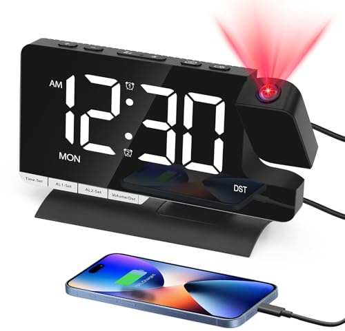 Venchin Sveglia con proiettore, 18,5 cm, digitale, da comodino | Proiezione a soffitto a 180°, 2 allarmi per 3 routine, snooze, controllo volume/luminosità, 12/24 ore e ora legale