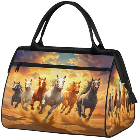 Cartoon Horse Running Gym Bag for Women Men, Travel Sports Duffel Bag with Trolley Sleeve, Waterproof Sports Gym Bags Weekender Overnight Carry On Tote Bags for Travel Sport