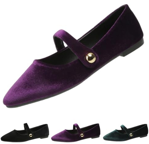 Mary Jane Damenschuhe Vintage Samt Ballerinas Schuhe mit Riemen Komfort Point Toe Handstich Ballett Loafers, violett, 44 EU