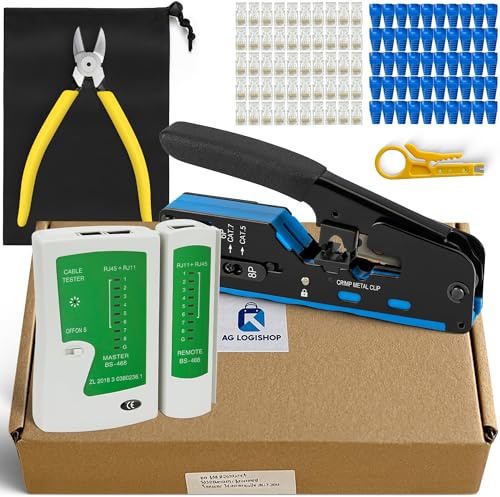 AG LogiShop Kit Herramienta de Crimpado RJ45 + Alicates + Pelacables + Comprobador de Conexión + 50pc Conectores + 50pc Fundas + Bolsa de Almacenamiento | Cat5/5e/6/7 + 6P/8P