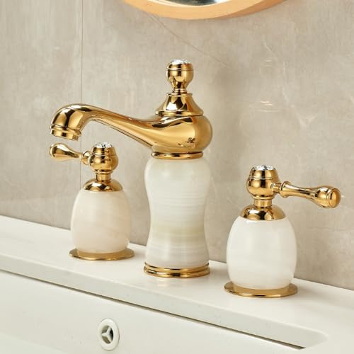 Bathroom European-Style Jade Split Three-Hole Hot and Cold Basin Faucet, Golden White Jade
