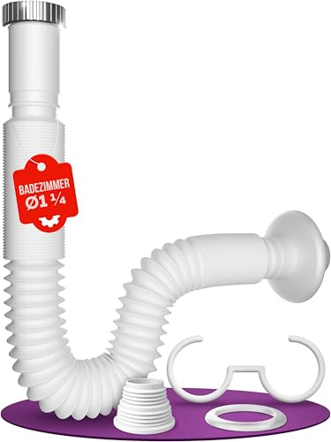 M. ROSENFELD HOME Flexibel Siphon Waschbecken G 1 1/4” x 32-50mm ausziehbar 320-900mm mit hochwertiger Aluminium Mutter - 100% Wasserdicht, Geruchsschutz, einfache Montage, Universell Passend