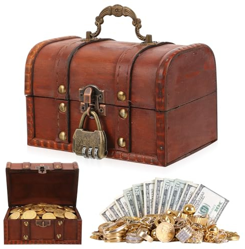 MFUSUL Intage Coffre au trésor en bois avec serrure Coffre au trésor pour enfants Anniversaire d'enfant Rangement Décoration Chasse au trésor