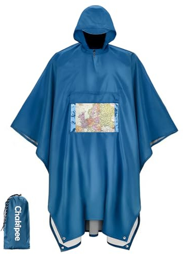 Chakipee Regnponcho vattentät vuxen återanvändbar regncape lätt med transparent väska, packbar regn poncho mångsidig för resor, vandring, camping, festivaler, Blå-03, XL-1 Packung
