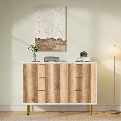 Yeutre Commode à 6 Tiroirs, Meuble de Rangement Chambre avec Pieds et Poignées en Métal Dorés, Armoire de Cuisine,Commode Scandinave pour Salon, Chambre, Adulte, Enfant, Bureau，100x34x72 cm