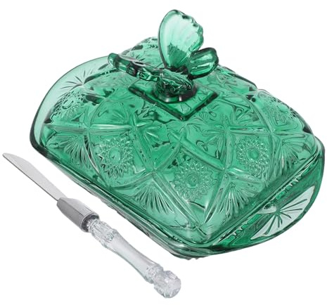 STOBAZA Mantequera de Vidrio Verde con Tapa y Cuchillo, Plato Vintage para Mantequilla Casera, Recipiente Hermético para Nevera, Adecuado para Mesas Decorativas y Fiestas