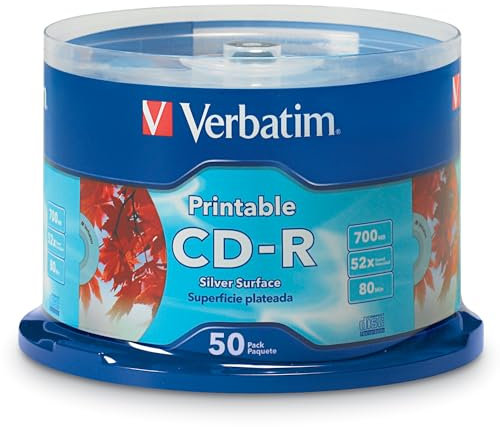 Verbatim 700MB 52x 80 Minute Inkjet Printable Recordable Disc CD-R - 50 Disc Spindle, Silver 95005