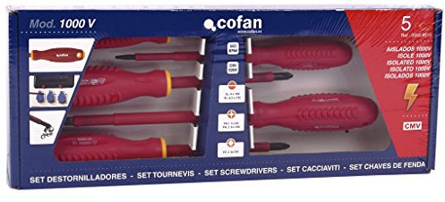 Cofan Set de destornilladores aislados 1000 V | 5 piezas | Tipo Phillips, Pozi y Plano