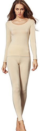 Liang Rou Women's Crew Neck Top & Bottom Ultra Thin Thermal Underwear Set Apricot S
