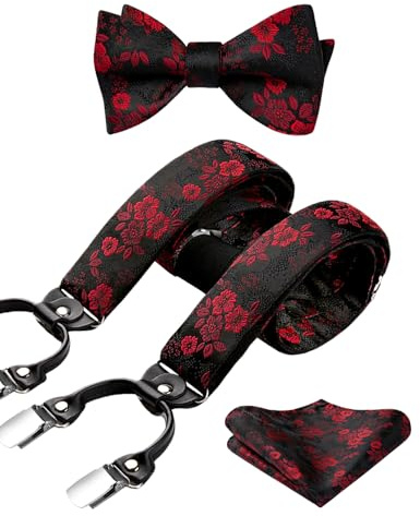 HISDERN Rote Hosenträger für Herren Paisley Y Form mit 6 starken Clips Längenverstellbar Herren Hosenträger und Fliege mit Einsteckuch…