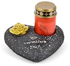 Novaliv Grabschmuck Herz Schwarz mit Rose Spruch Wir vermissen Dich inkl. LED Grablicht Rot Grabdeko Grabherz Wetterfest Grabdekoration Gedenkstein Teelichthalter Trauerstein