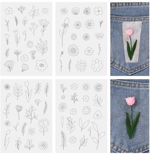 Magibeads 80Pcs Flower Leaf Water Soluble Stabilizer for Embroidery Floral Patterns Adhesive Stick and Stitch Embroidery Transfer Paper for Hand Sewing Beginners