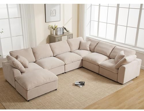 Tmsan 129.3 Oversized Modular Sectional Sofa, U Shaped Couch with Movable Ottoman, Large 7 Seat Corner Couches for Living Room, Spacious Space, Beige