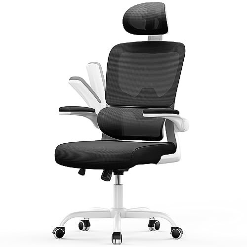 rattantree Ergonomischer Bürostuhl, Schreibtischstuhl mit Verstellbarer Kopfstütze und Armlehnen, C-förmige Lordosenstütze, Drehstuhl mit Rollen für das Home Office, Weiß