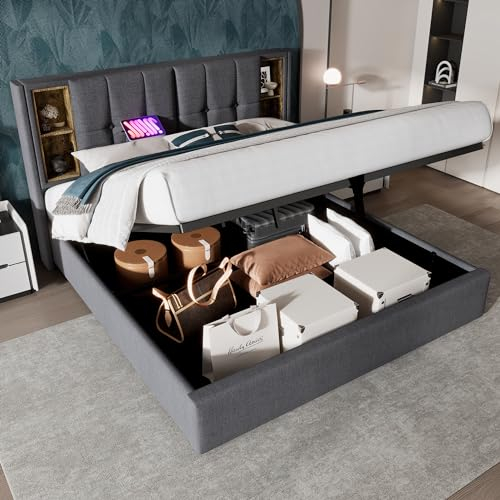 Polsterbett Doppelbett 180x200, Hydraulisch Stauraumbett Funktionsbett mit Kabellosem Laden USB Typ-C&Großer Stauraum, Jugendbett Bettgestell mit 4 Staufach&Lattenrost, Leinen, Grau, Ohne Matratze