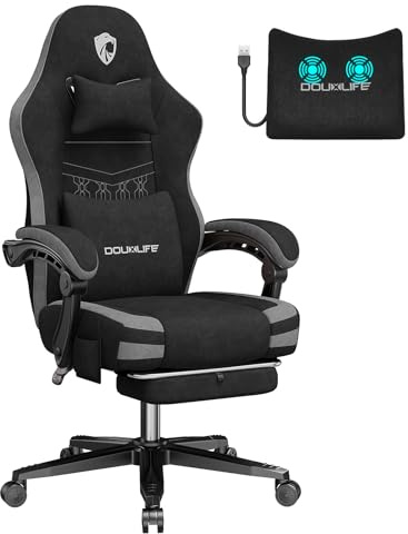 Douxlife Gaming Stuhl Stoff mit Massage, Verbreitertes Sitzkissen mit Taschenfedern, Ergonomischer Bürostuhl PC Gamer Sessel Chair mit Fußstütze und Metallfüße, 158 kg Belastbarkeit, Grau