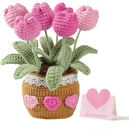 Niflirt Gifts for Mom Crochet Flower Bouquet Tulips Potted Plant Flowers Birthday Thank You Gift for Women Home Desk Decor (Pink)