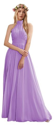 Leader of the Beauty Vestidos de dama de honor con cuello halter para mujer, vestido de noche de gasa, vestido largo para fiesta, vestido formal, vestidos de boda para mujer, Lila, 56