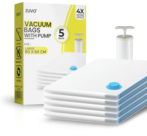 Zuvo Large Vacuum Storage Bags with Pump (Pack of 5) – Heavy-Duty Space Saver for Clothes, Bedding & Travel – Durable, Reusable & Airtight Compression Bags