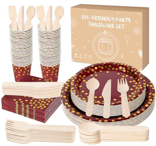 Vaisselle de Noël, Anstore 200 Assiettes en Carton Rouge Foncé avec Assiette, Cuillère, Fourchette, Couteau, Tasses, Serviettes de Table pour 25 Invités, Vaisselle en Papier de Noël Assiettes à Dîner