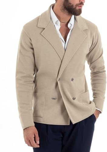 Giosal Cardigan Uomo Doppiopetto Giacca con Bottoni Maglia Lavorata Maglioncino Tramato Casual Vari Colori (IT, Testo, L, Regular, Regular, Beige Primaverile)