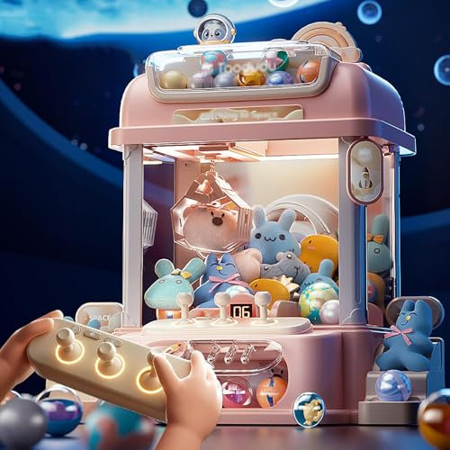 Mini Vending Machine with Remote Control , Vending Machine Toys with 8 Planets,2 Panda Doll,25 Dolls,20 Gashapons Use Gumballs,Candy,Toys,or Small Prizes ,Pink