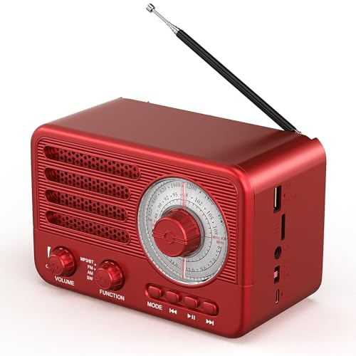 Vintage transistorradio – retrostil med modern räckvidd, bärbar, AM/FM/SW, med USB/TF/Aux-MP3-uppspelning och uppladdningsbart 1 800 mAh batterirött (röd)