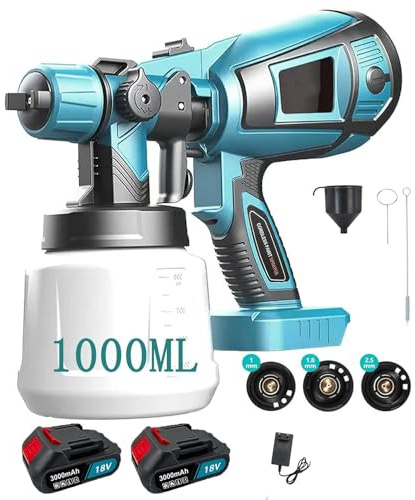 Akku-Farbsprühsystem für Wand- und Latexfarben im Innenbereich, 8m²-10 min, Behälter 1000 ml, 500 W, für Möbel, Wand, Türen, Zaun, DIY（mit 2 * 3000mAh Akku）