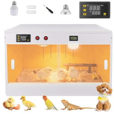 Caja Criadera de Pollitos, Caja Incubadora de Pollitos, Calentadora Jaula Grande de 96L, con Iluminación/Lámpara de Calefacción UVA, Puerta Corrediza para Lagartos, Geckos, Hámsteres, Patos