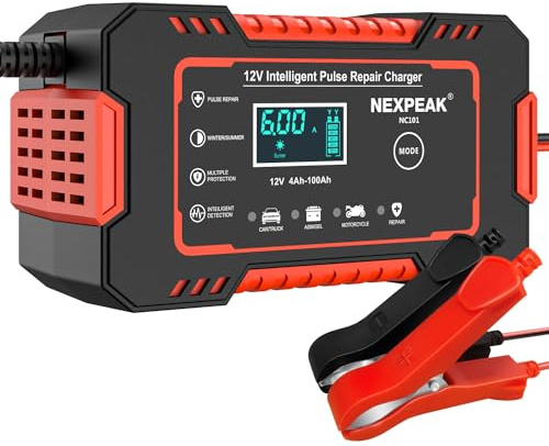 NEXPEAK Chargeur Intelligent de Batterie 12V 6A pour Voiture, Moto et Camio | Écran LCD, Adapté batteries AGM, Gel, Wet, SLA, Charge automatique, Fonction entretien et réparation, Protections de sécurité