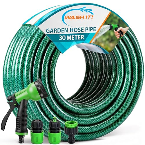 Garden Hose Pipe with Connectors and Hosepipe Spray Gun - Reinforced Garden Hose Set Including Adjustable Hosepipe Spray Gun, Tap Connector and 2 Couplers for Plant Watering and Car Washing (30m)
