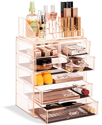 Sorbus Clear kosmetisk sminkorganisatör - smink- och smyckesförvaring, fodral och display - Rymlig design - bra hållare för byrå, badrum, sminkbord och bänkskiva (4 stora, 2 små lådor) [rosa]