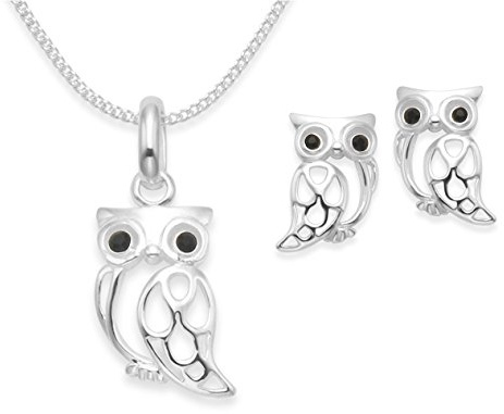 Sterling Silver Owl Necklace and Earring set - 16 silver chain. Black Cubic Zirconia owl pendant & earrings - SIZES: 14mm x 8mm & 10mm x 6mm. Gift boxed. 8239SET/B53