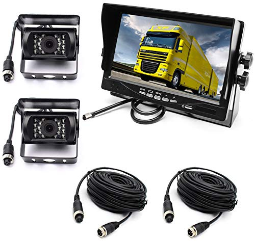 Reversing Camera Kit，4 Pin 2x Waterproof 18LEDs Night Vision Reverse Rear View Camera with 15M Aviation Cable +12-24V 7 TFT LCD Car Monitor for Large Truck/Bus/RV/Trailer/Tractor/camper