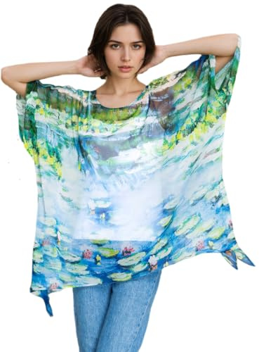 Prettystern damens silke tunika chiffong sommar poncho sidenblus blå konsttryck Monet näckrosor P20