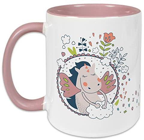 GRAZDesign Kindertasse mit Namen, Tasse Kinder Mädchen, personalisierte Trinkbecher Kindergeschirr Kinder Becher Rosa, Keramik BPA-frei, 330ml Motiv Einhorn mit Blumen