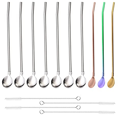 Pack of 10 Colored Straw Spoon 2 in 1 Stainless Steel Straw Spoon with Dual Use Bar, Juice, Shake, Smoothie, Coffee, Reusable, with 4 Cleaning Brushes