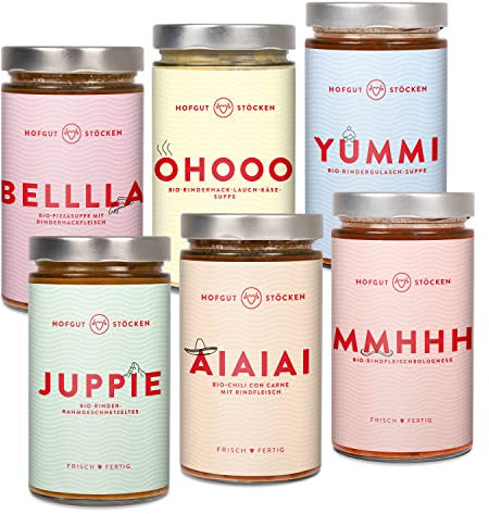 Hofgut Stöcken | Genießerpaket Camper vom Testsieger | 6x 620ml Bio-Fertiggerichte im Glas |Bio-Pizzasuppe|Bio-Käsesuppe|Bio-Gulaschsuppe|Bio-Rahmgeschnetzeltes|Bio-Chili con Carne|Bio-Bolognese
