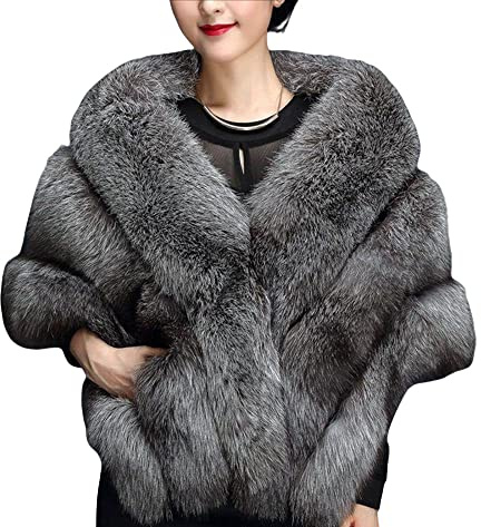 Damer mode höst halsduk stola vinter cape poncho cape av fuskpäls jacka kappa brudklänning, silver, En Storlek