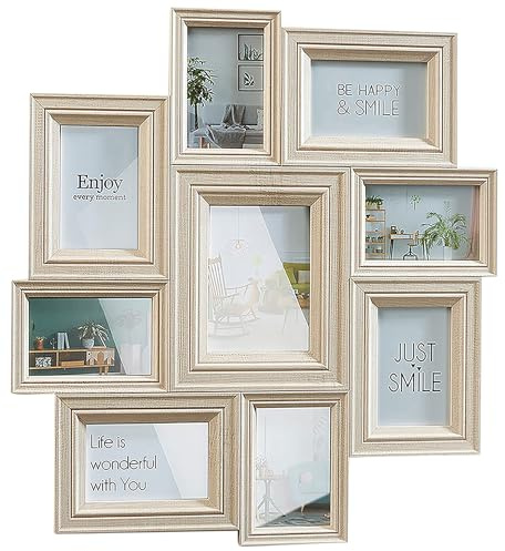 Kobolo Bilderrahmen Bilderhalter Collage BEIGE für 9 Bilder aus Holz in beige 10x15cm und 13x18cm