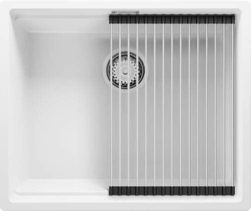 PRIMAGRAN Fregadero bajo Encimera al Mueble 60cm + Kit de desagüe, 56x47cm | Set: Kit de desagüe (sifón, válvula, rebosadero) + Enrollable Escurridor + Prague Level 1 Seno para Cocina, Blanco