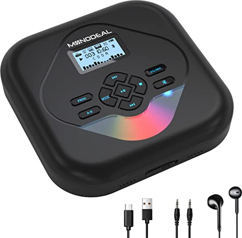 MONODEAL CD Player Portable,Bluetooth CD Player with Speakers,Rechargeable Player for Car and Home,Small Anti-Skip Player with Dual Headphone Jacks,WAV/FLAC/MP3/CD Compatible
