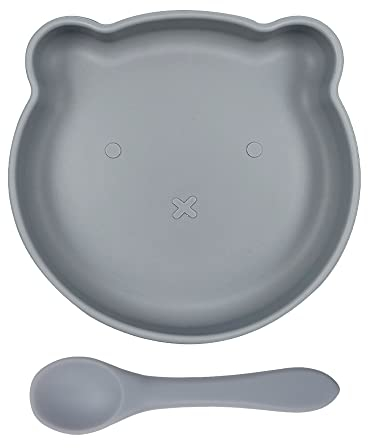 BabyPops Alimentacion de bebe de Silicona: Plato con forma de Oso con ventosa con cuchara (Gris). Se pega a la mesa y evita caidas. Libre de BPA. Niña/Niño