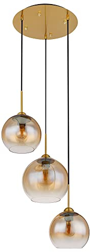Hängelampe Wohnzimmer Pendelleuchte Esstischlampe 3 flammig, messing Glaskugel amber 3x E27, DxH 43x150 cm