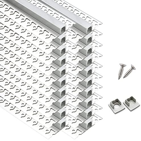 KHELSE LED Aluminum Profile,10-Pack 3.3ft/1m Channel for Light Strip, Plaster in led Profile,Drywall Aluminum Diffuser with Clip-in Milky White Cover and End Caps (Flat Angle-B)