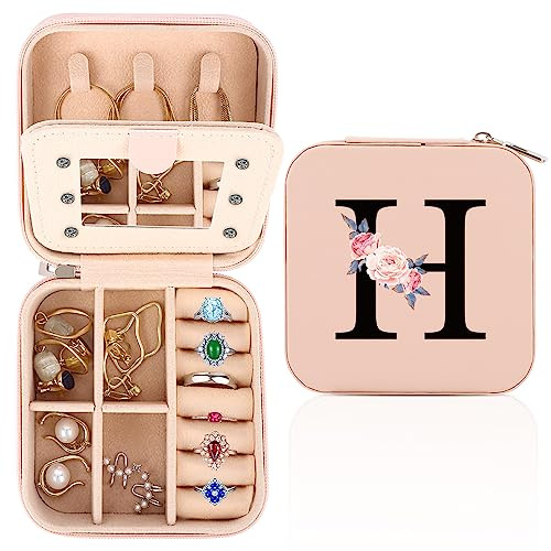 WALLFID Travel Jewellery Box,Alphabet Jewellery Organiser,Portable Jewellery Box,Small Travel Jewellery Storage Case with Mirror,Birthday Gift for Women,Mothers Birthday Valentines Day Gift Ideal (H)