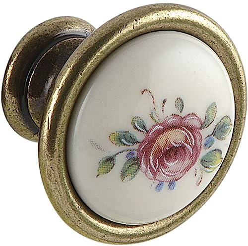 SCHÖRGHOFER & FREHE Möbelknopf Rose ø 29mm - Porzellangriff Landhausstil - Türknauf für Möbel, Porzellan bemalt, Zinkdruckguss altvermessingt